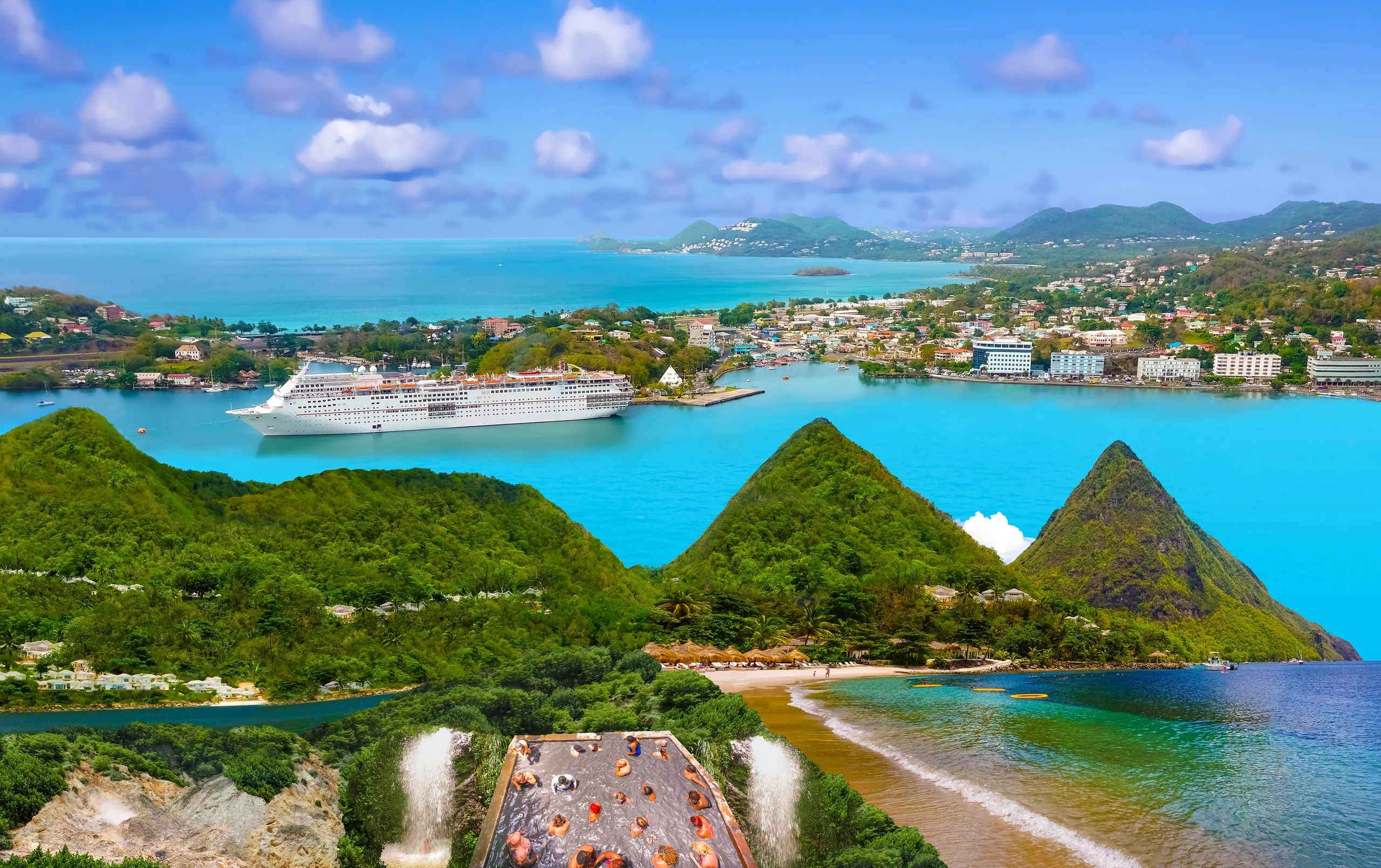 St Lucia twin peaks with cruise ship in tropical waters
