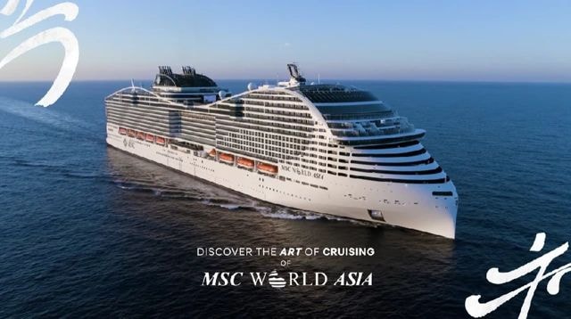 MSC World Asia — cruise ship at sunset golden hour